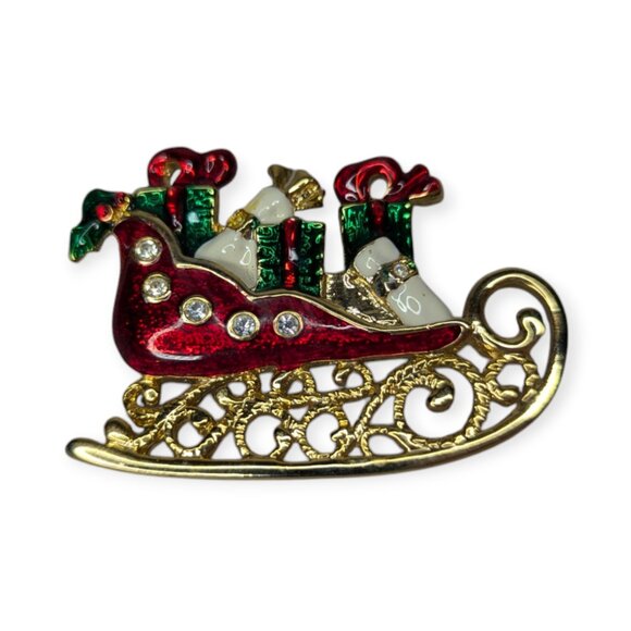 Vintage Jewelry - Christmas Sled Brooch Holiday Red Green Enamel Rhinestone Sleigh Vintage